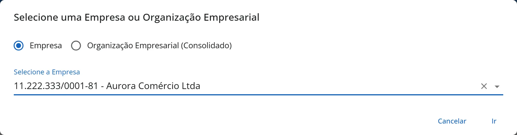 Janela Selecione uma Empresa ou Organização Empresarial com a opção Empresa e a Aurora Comércio Ltda escolhida