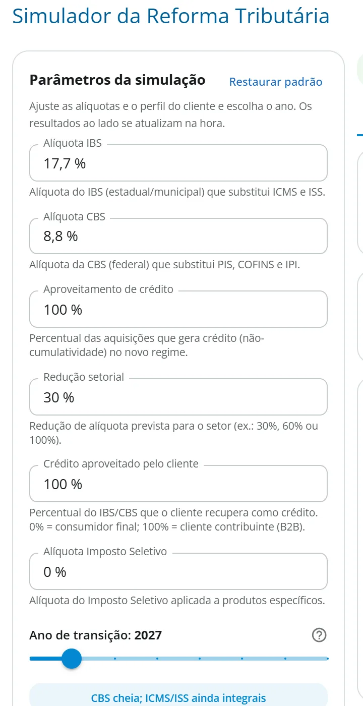 Painel Parâmetros da simulação com os valores de fábrica e o botão de restaurar o padrão visível após uma alteração