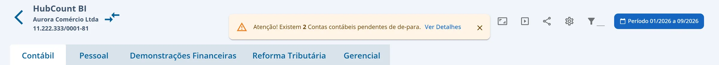 Avisos de validação abertos no alto do dashboard da Aurora Comércio Ltda, com o aviso de contas pendentes de de-para e o botão Ver detalhes