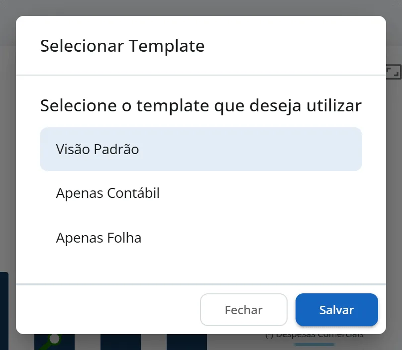 Janela Selecionar Template aberta, com Visão Padrão selecionada e Apenas Contábil na lista