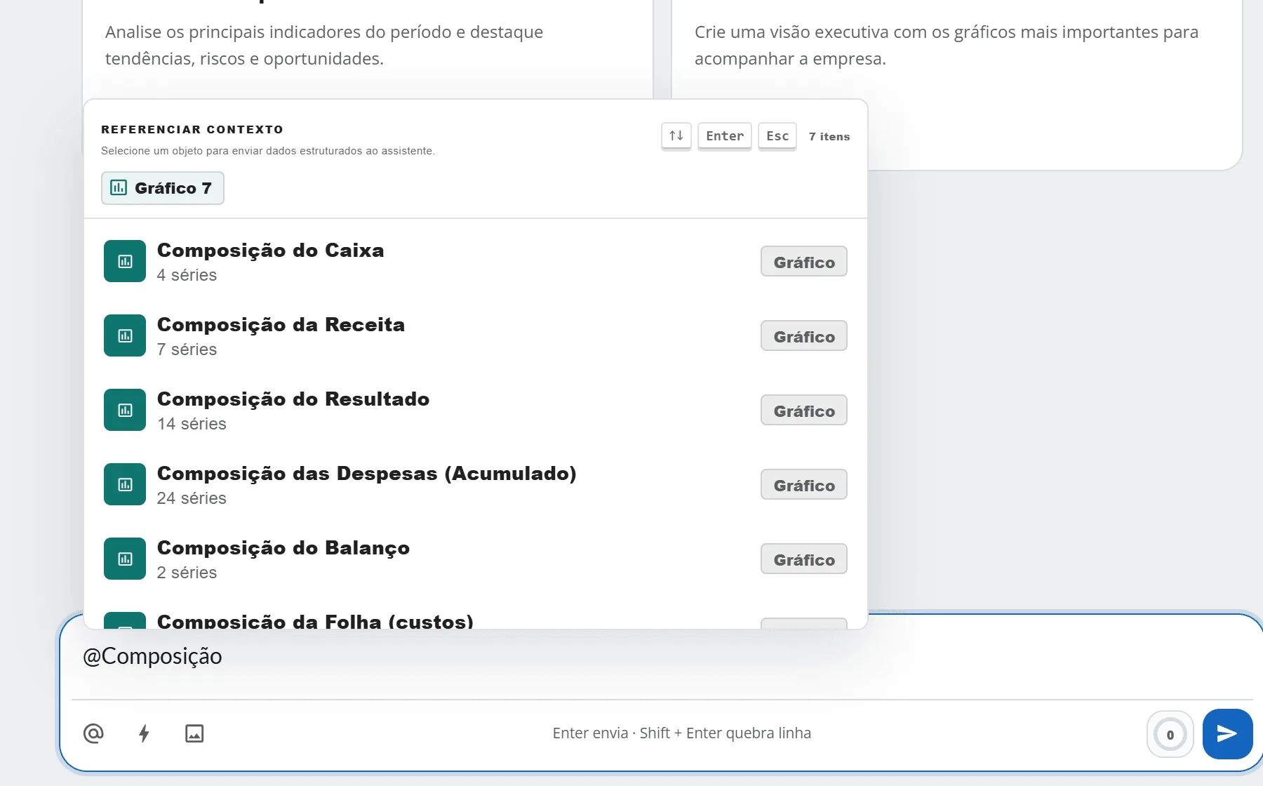 Caixa de mensagem com o texto @Composição e a lista Referenciar contexto aberta, com os gráficos cujo nome começa por Composição, entre eles Composição do Resultado e Composição do Balanço