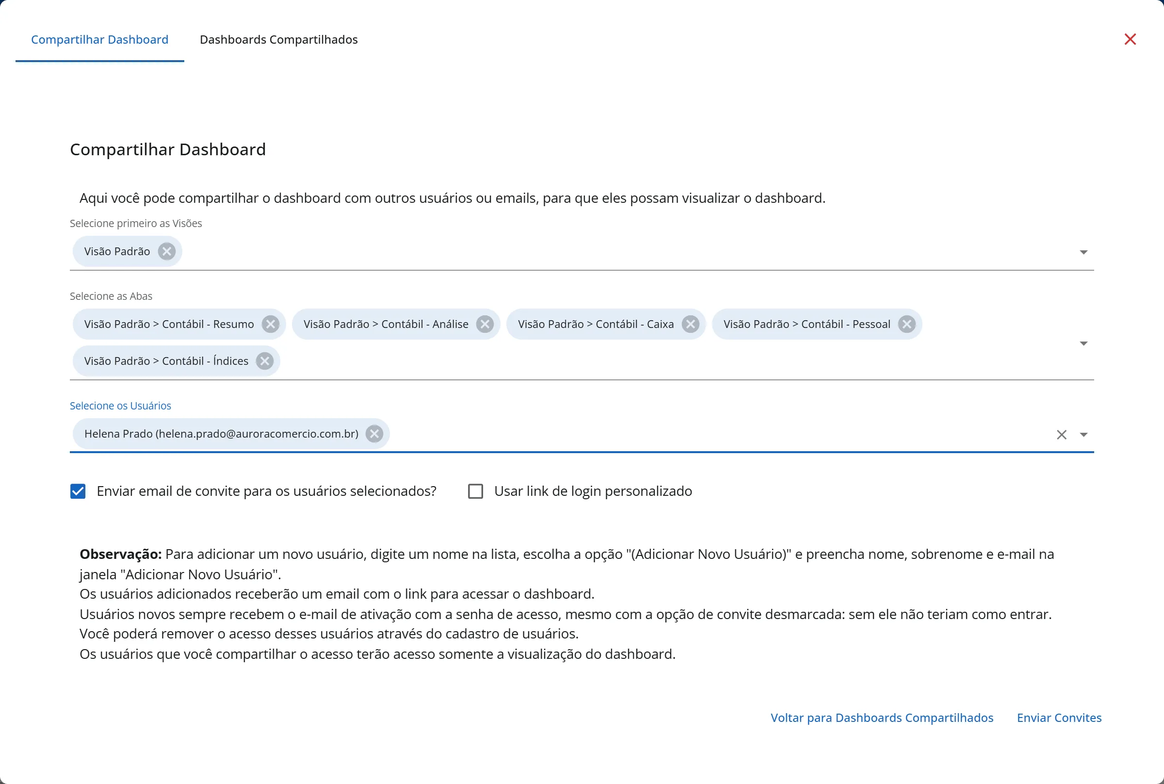 Janela Compartilhar Dashboard da Aurora Comércio Ltda com a visão Visão Padrão marcada, as abas do grupo Contábil marcadas, o usuário escolhido, a caixa de convite marcada e o botão Enviar Convites
