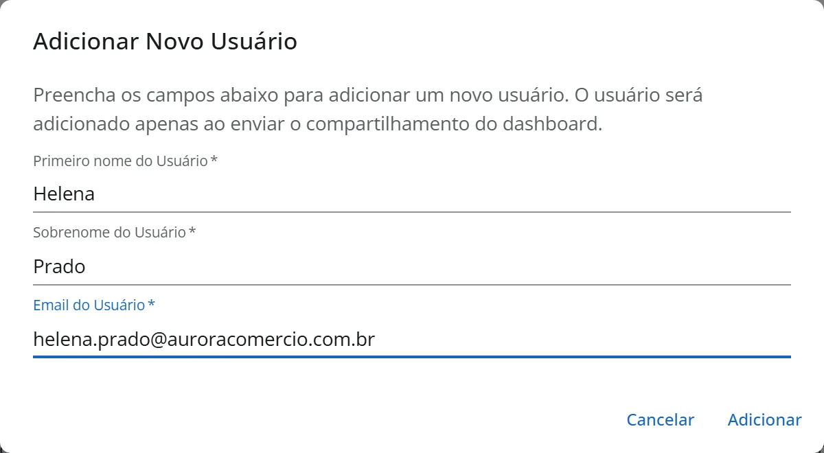 Janela Adicionar Novo Usuário com os campos de nome, sobrenome e e-mail preenchidos e os botões Cancelar e Adicionar