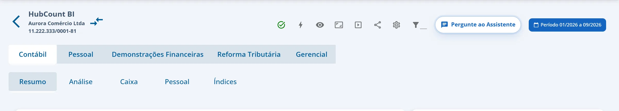 Cabeçalho do dashboard da Aurora Comércio Ltda com a seta de voltar, a barra de ícones, o botão Pergunte ao Assistente, o botão Período 01/2026 a 09/2026, as categorias Contábil, Pessoal, Demonstrações Financeiras, Reforma Tributária e Gerencial e as abas Resumo, Análise, Caixa, Pessoal e Índices