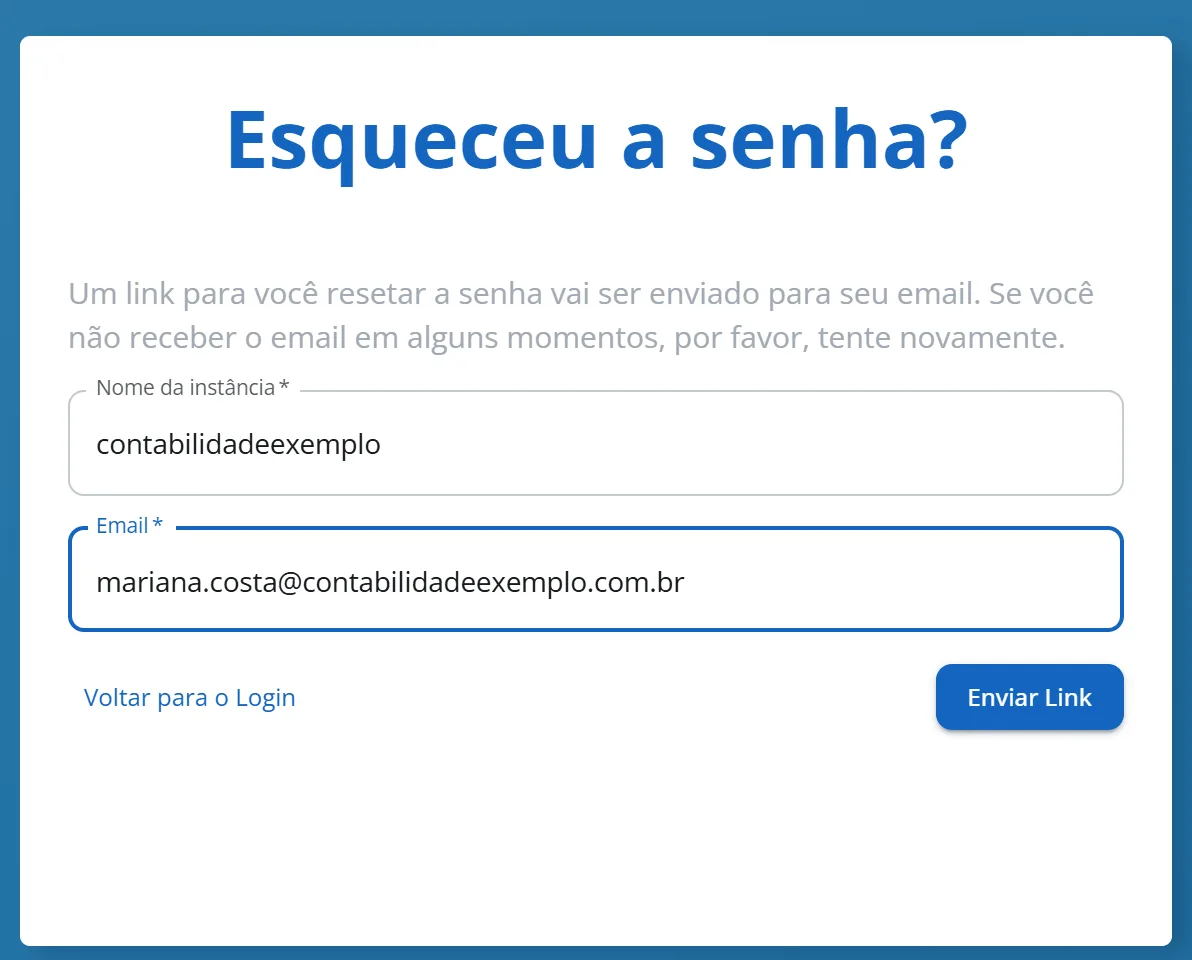 Tela Esqueceu a senha? com os campos Nome da instância e Email preenchidos e os botões Voltar para o Login e Enviar Link