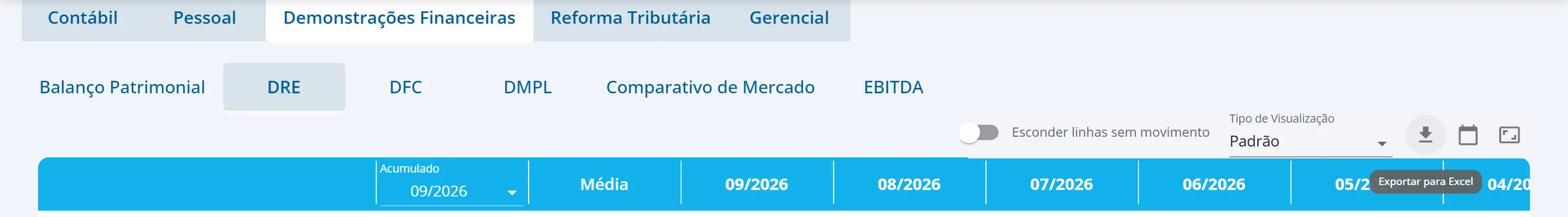 Aba DRE da categoria Demonstrações Financeiras com o cursor sobre o ícone de download no cabeçalho da demonstração e a dica Exportar para Excel