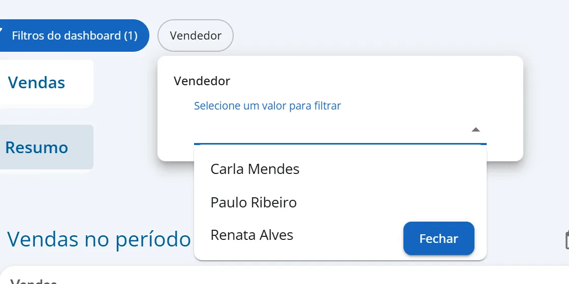 Janela do filtro Vendedor com a caixa Selecione um valor para filtrar e a lista aberta com Carla Mendes, Paulo Ribeiro e Renata Alves, sem texto digitado, e o botão Fechar
