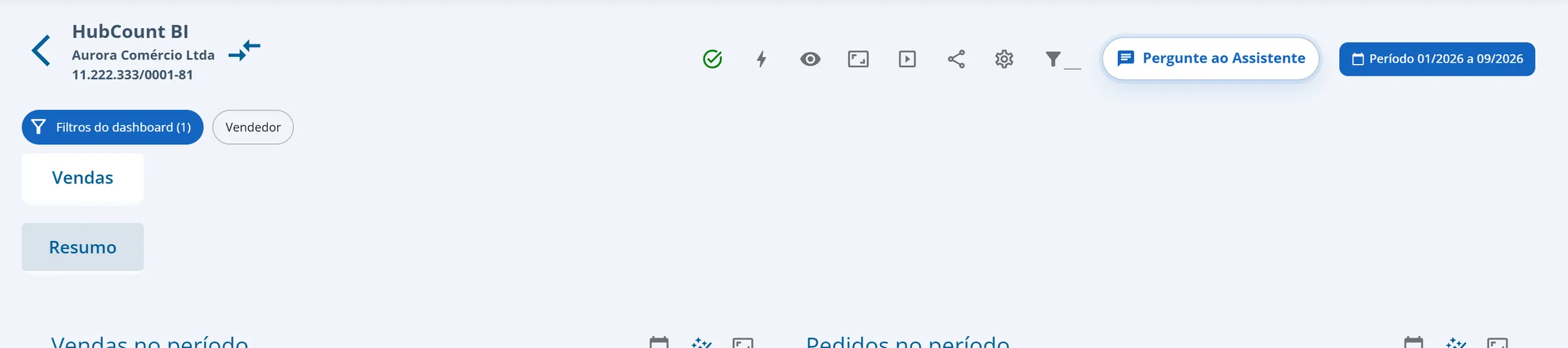 Dashboard da Aurora Comércio Ltda na visão Visão comercial, com a barra Filtros do dashboard (1) e o filtro Vendedor ainda sem valor escolhido, acima da categoria Vendas e da aba Resumo
