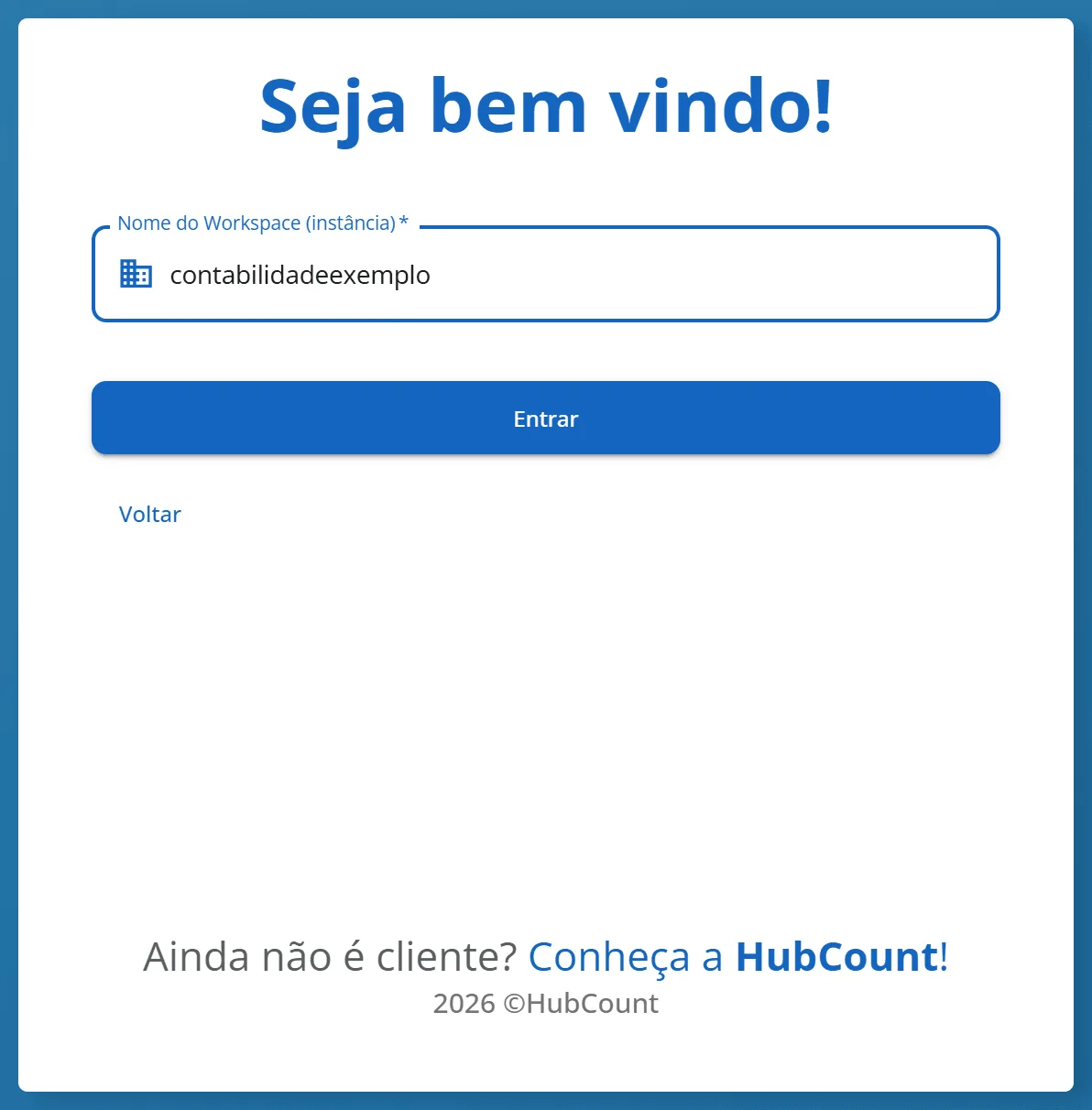 Tela Nome do Workspace (instância) com a instância contabilidadeexemplo preenchida e os botões Entrar e Voltar
