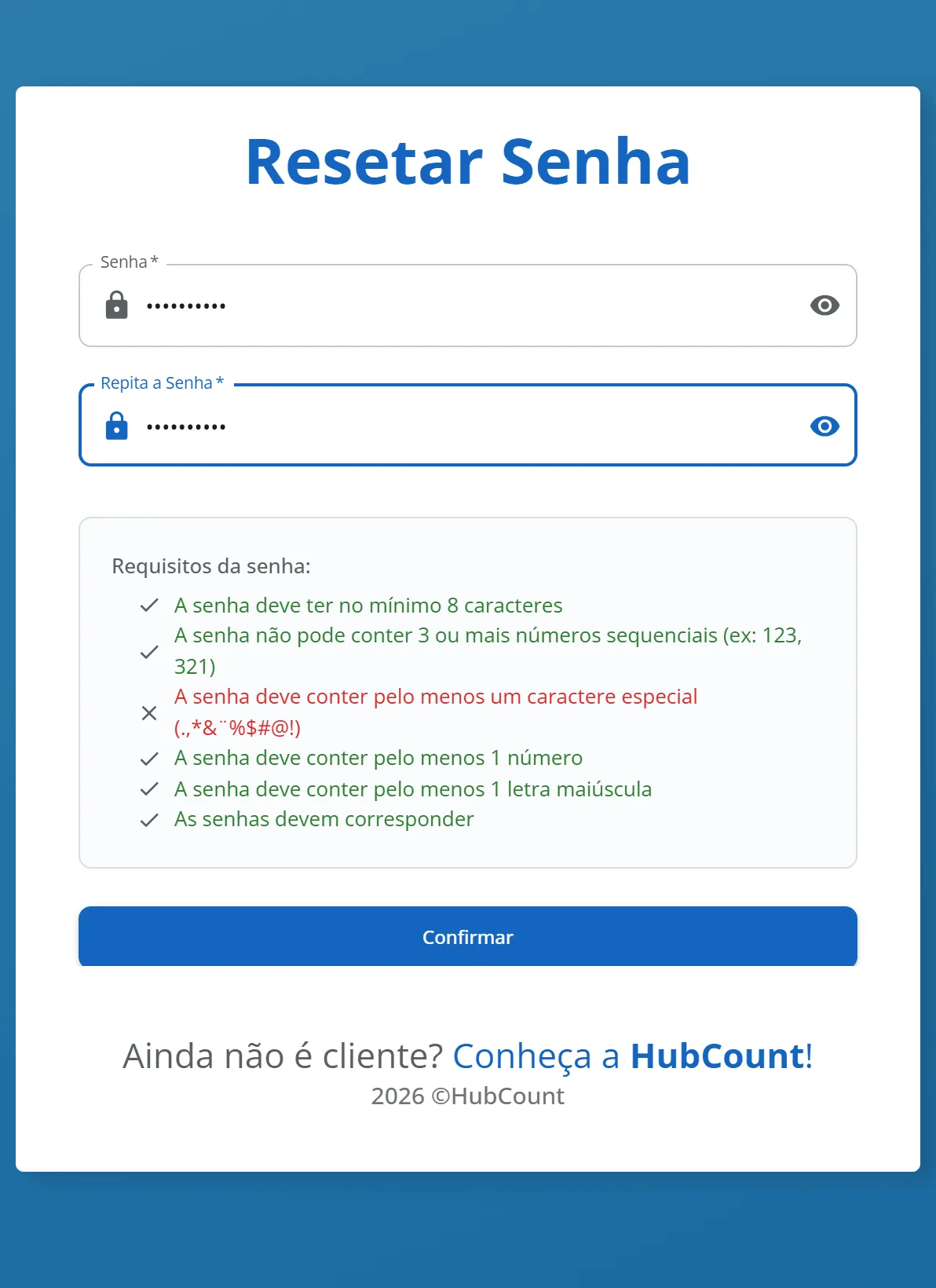 Tela Resetar Senha com as duas senhas preenchidas e a lista Requisitos da senha com cinco regras em verde e a regra do caractere especial em vermelho