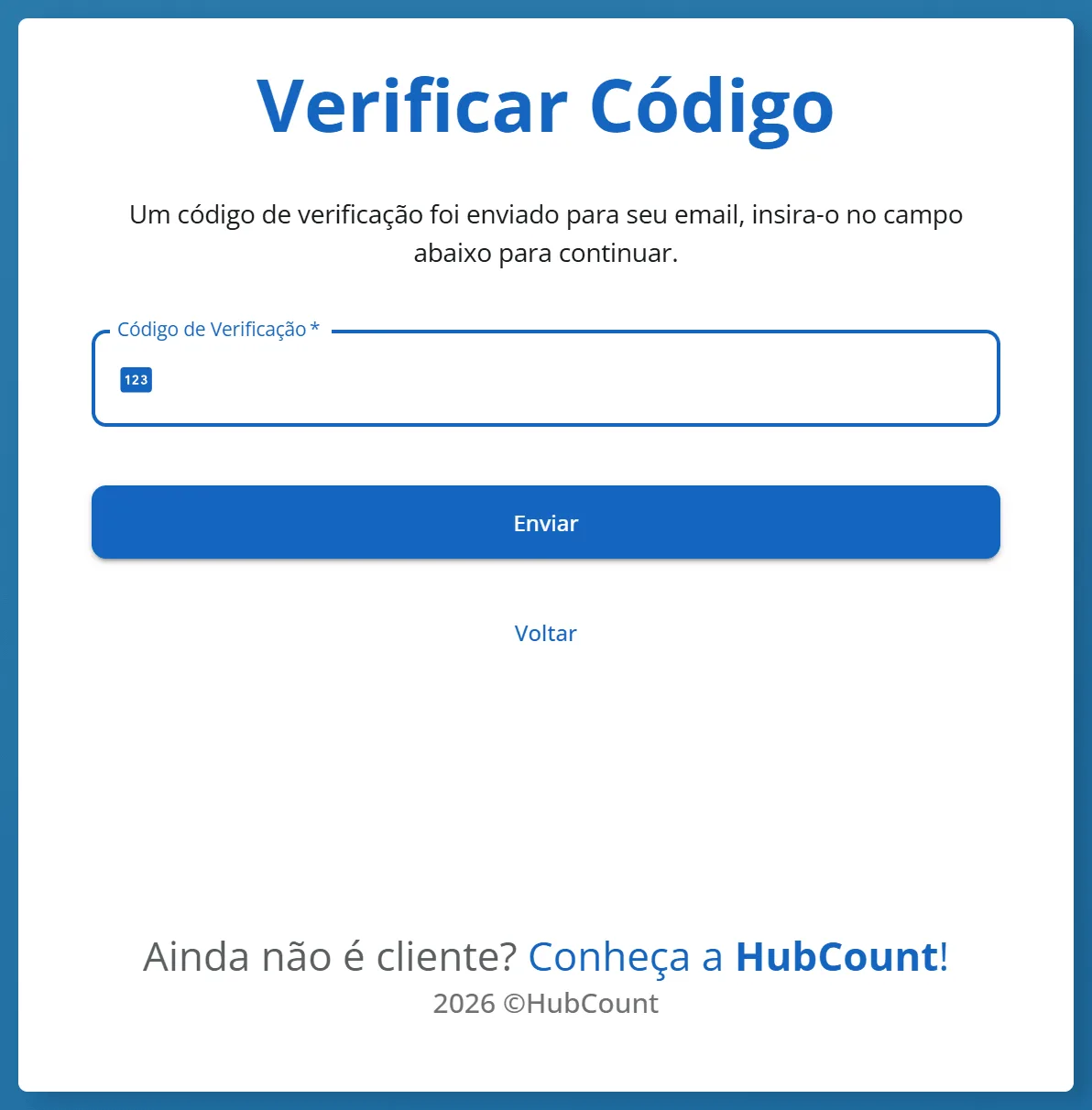 Tela Verificar Código com o campo Código de Verificação preenchido e os botões Enviar e Voltar