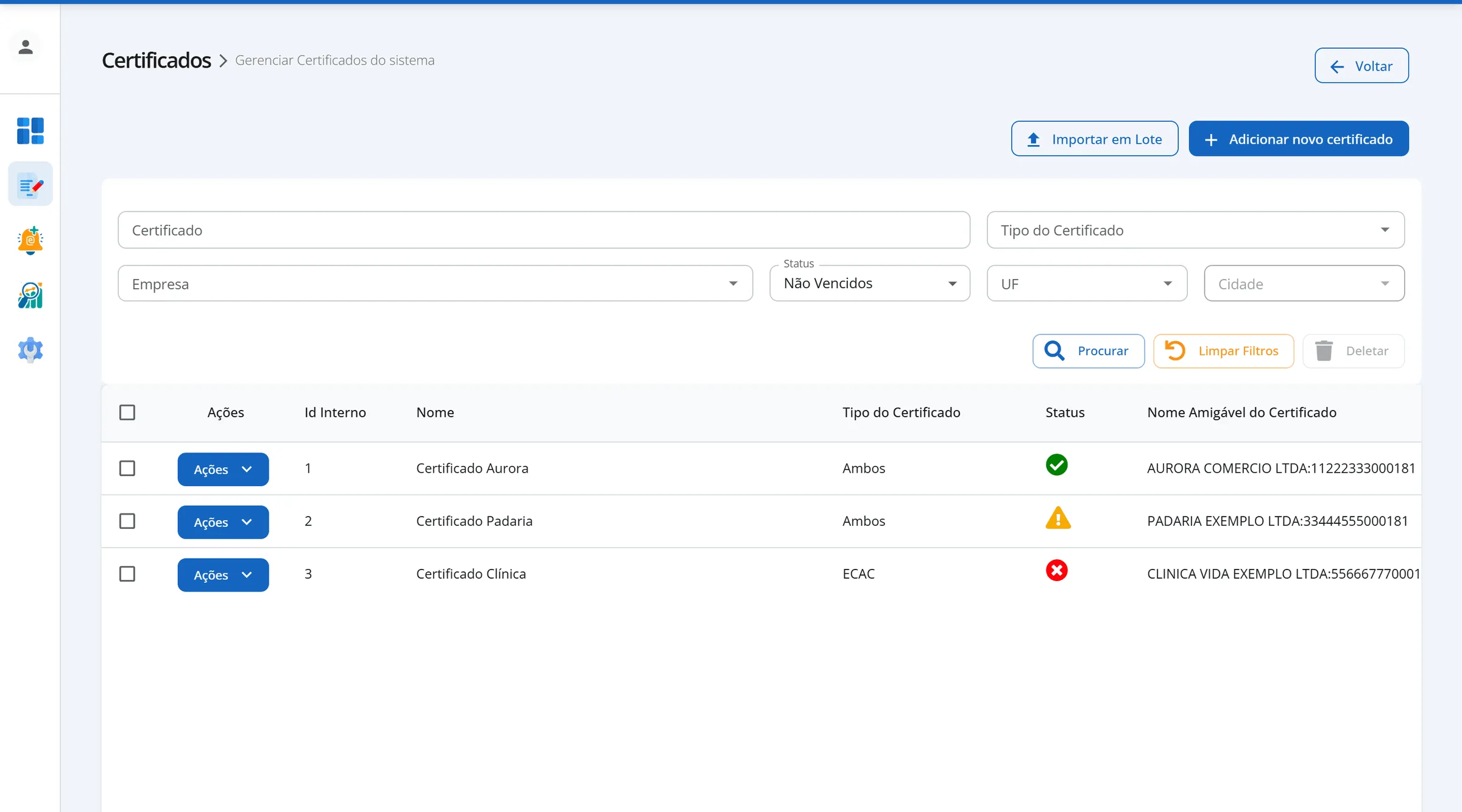 Tela Certificados com os filtros no topo, os botões Importar em Lote e Adicionar novo certificado, e três linhas com o ícone de status verde, amarelo e vermelho