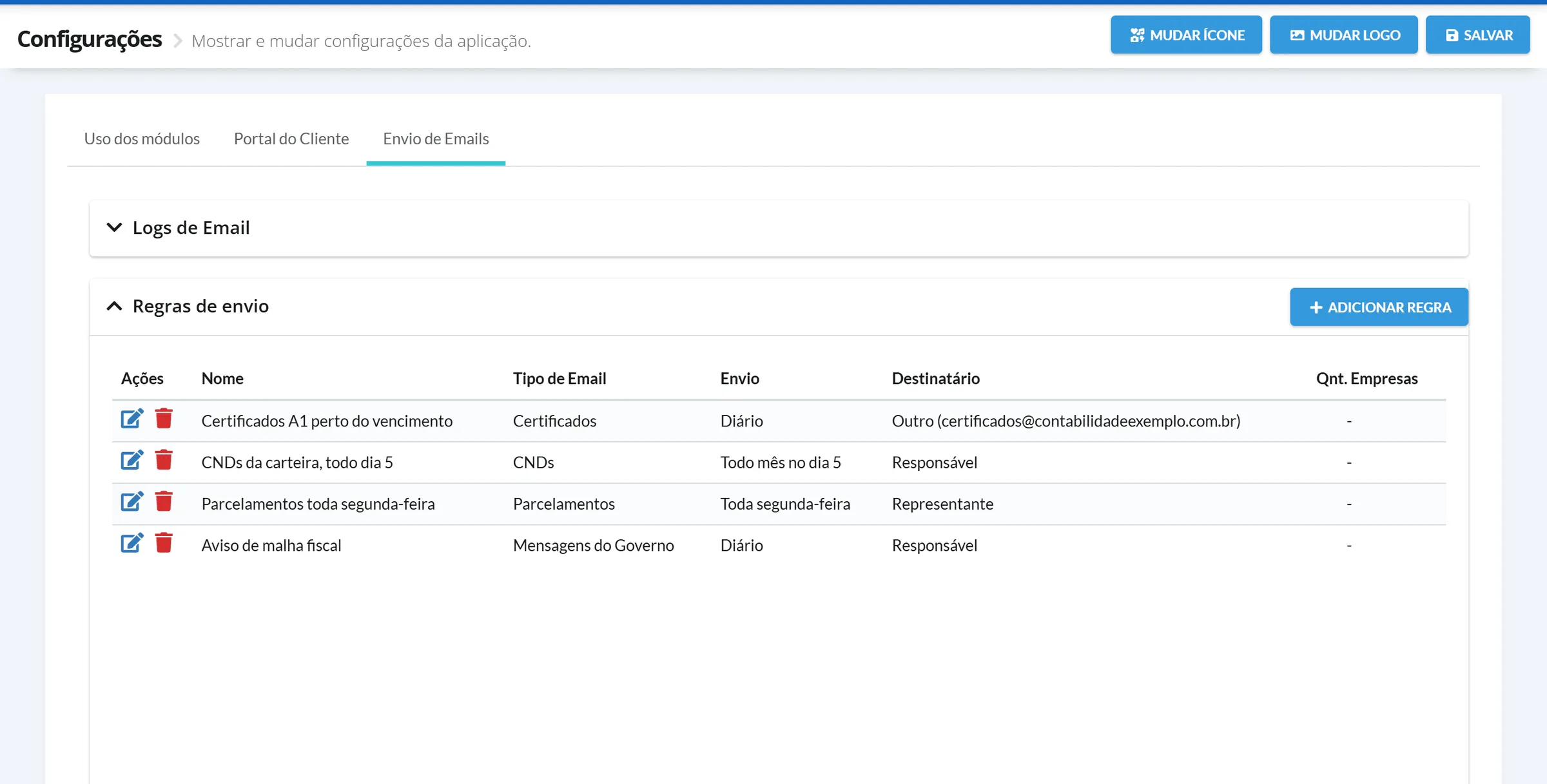 Aba Envio de Emails com a seção Regras de envio aberta e duas regras da Contabilidade Exemplo na lista, uma de Certificados e uma de CNDs