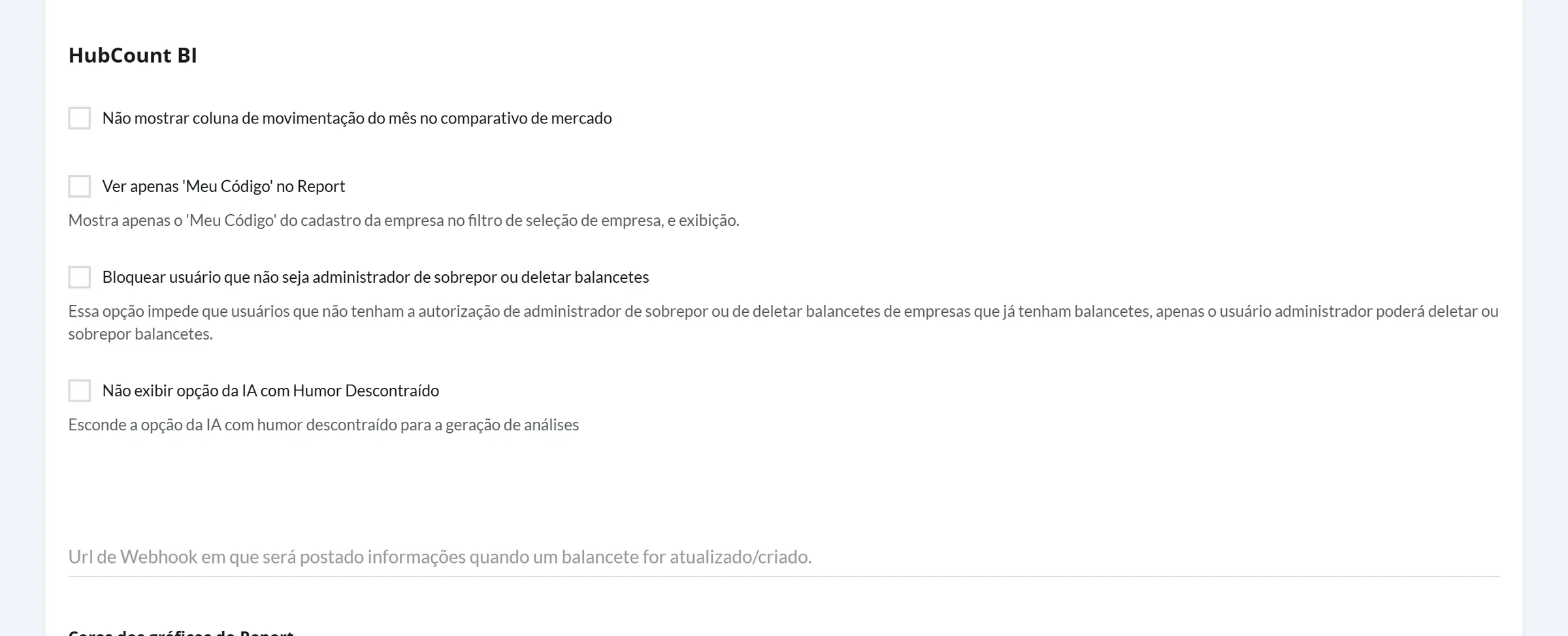 Aba Portal do Cliente rolada até o bloco HubCount BI, com as opções Não mostrar coluna de movimentação, Ver apenas Meu Código e Bloquear usuário que não seja administrador