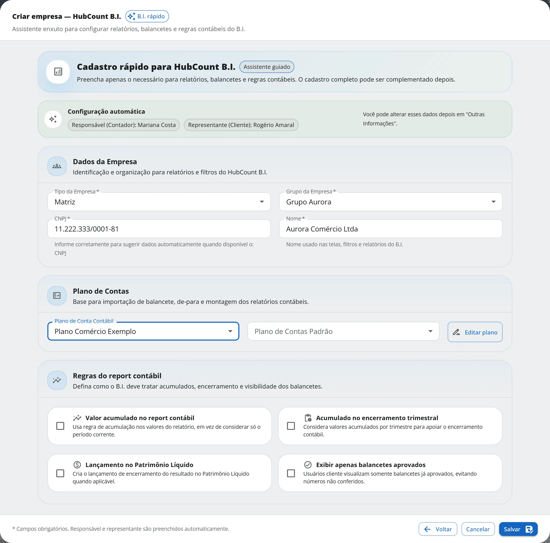 Janela Criar empresa HubCount B.I. com Dados da Empresa preenchidos para a Aurora Comércio Ltda, Plano de Contas e Regras do report contábil