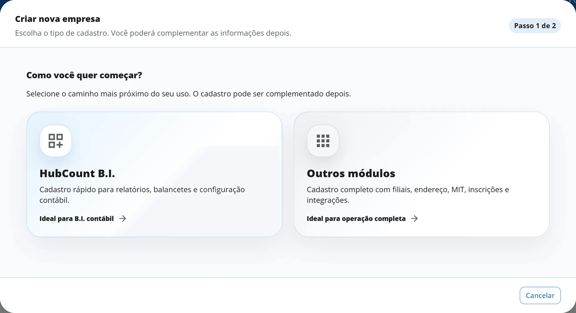 Janela Criar nova empresa no Passo 1 de 2, com os cartões HubCount B.I. e Outros módulos lado a lado