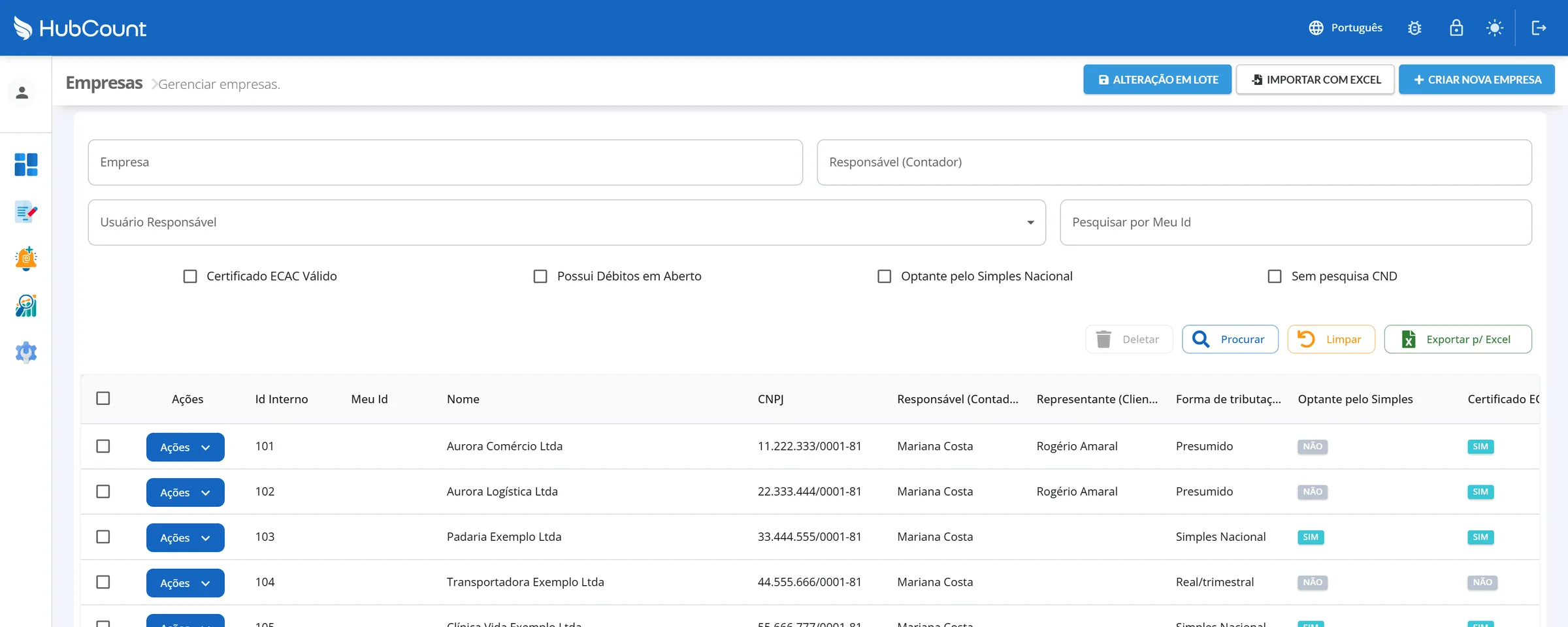 Tela Empresas com a Contabilidade Exemplo logada, filtros no topo, botões Alteração em Lote, Importar com Excel e Criar nova empresa, e as linhas Aurora Comércio Ltda e Aurora Logística Ltda