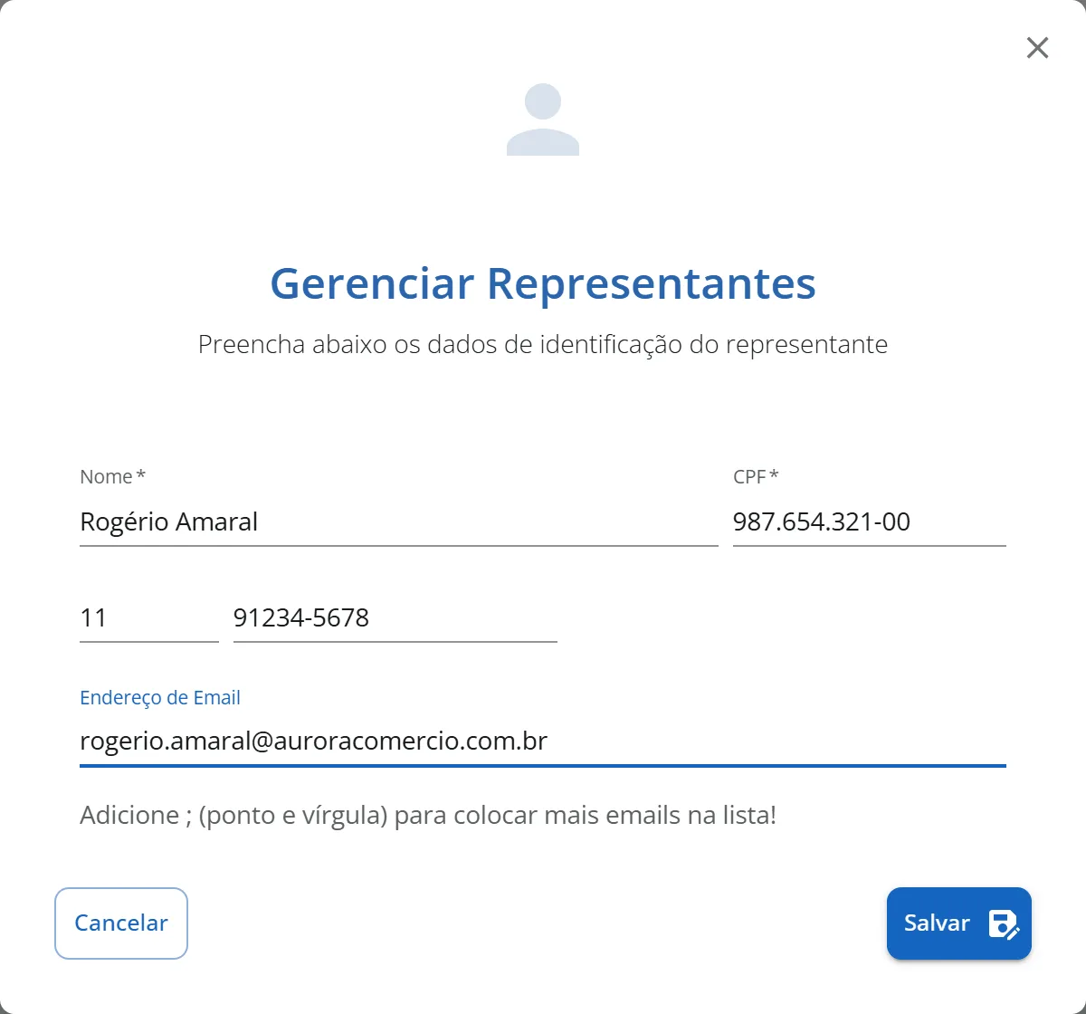 Janela de representante com Nome, CPF, DDD, Telefone e Endereço de Email preenchidos para uma pessoa da Aurora Comércio Ltda