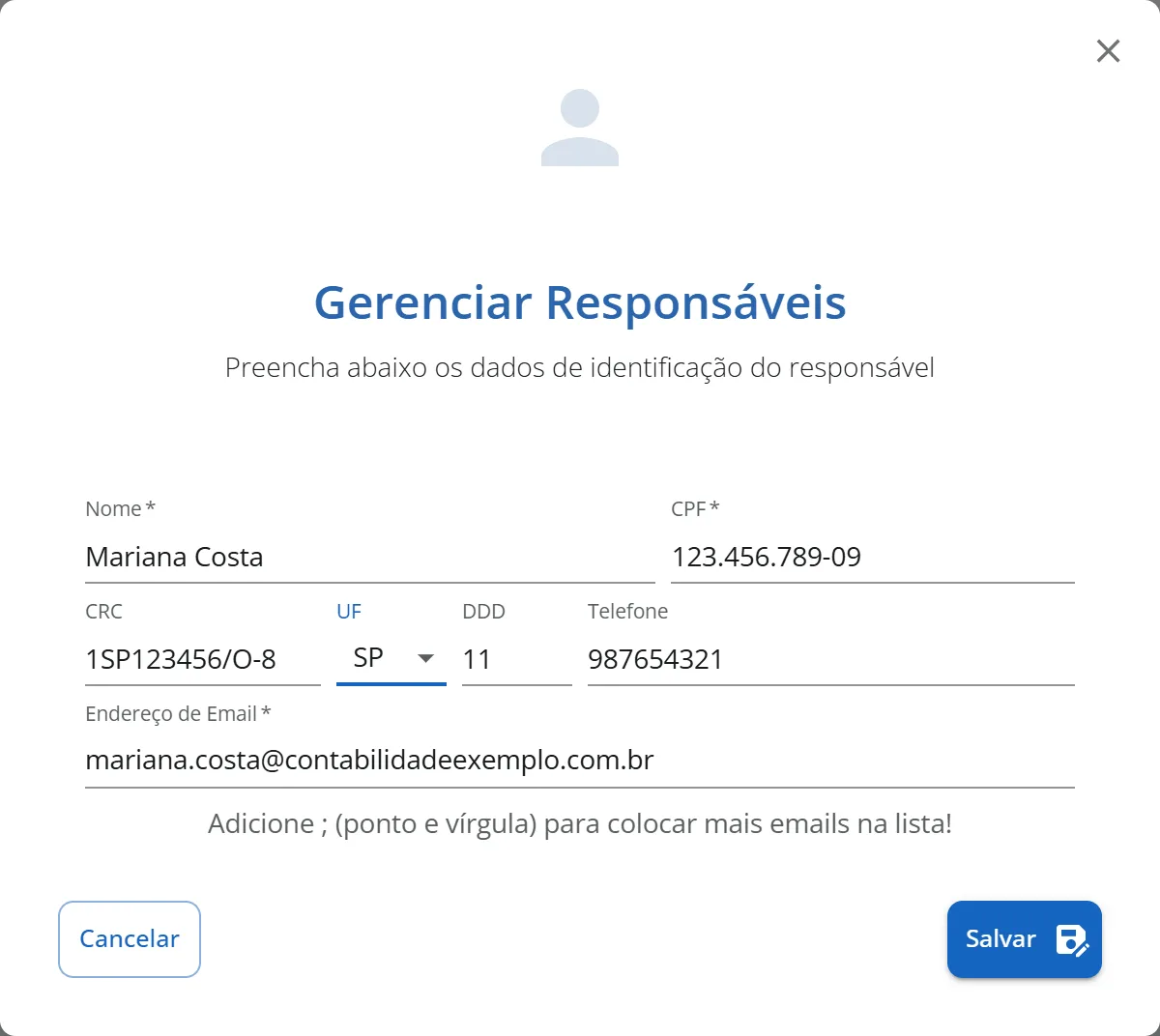 Janela Gerenciar Responsáveis com os campos Nome, CPF, CRC, UF, DDD, Telefone e Endereço de Email preenchidos para um contador da Contabilidade Exemplo