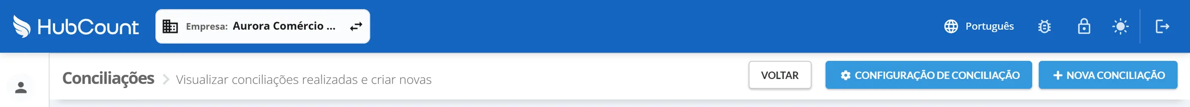 Cabeçalho do HubCount na Conciliação da Aurora Comércio Ltda com o chip Empresa: Aurora Comércio Ltda e o ícone de trocar