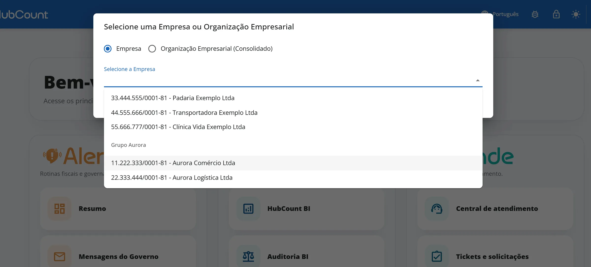 Janela Selecione uma Empresa ou Organização Empresarial com Empresa marcada, o campo Selecione a Empresa aberto, os resultados agrupados por grupo e a Aurora Comércio Ltda em destaque
