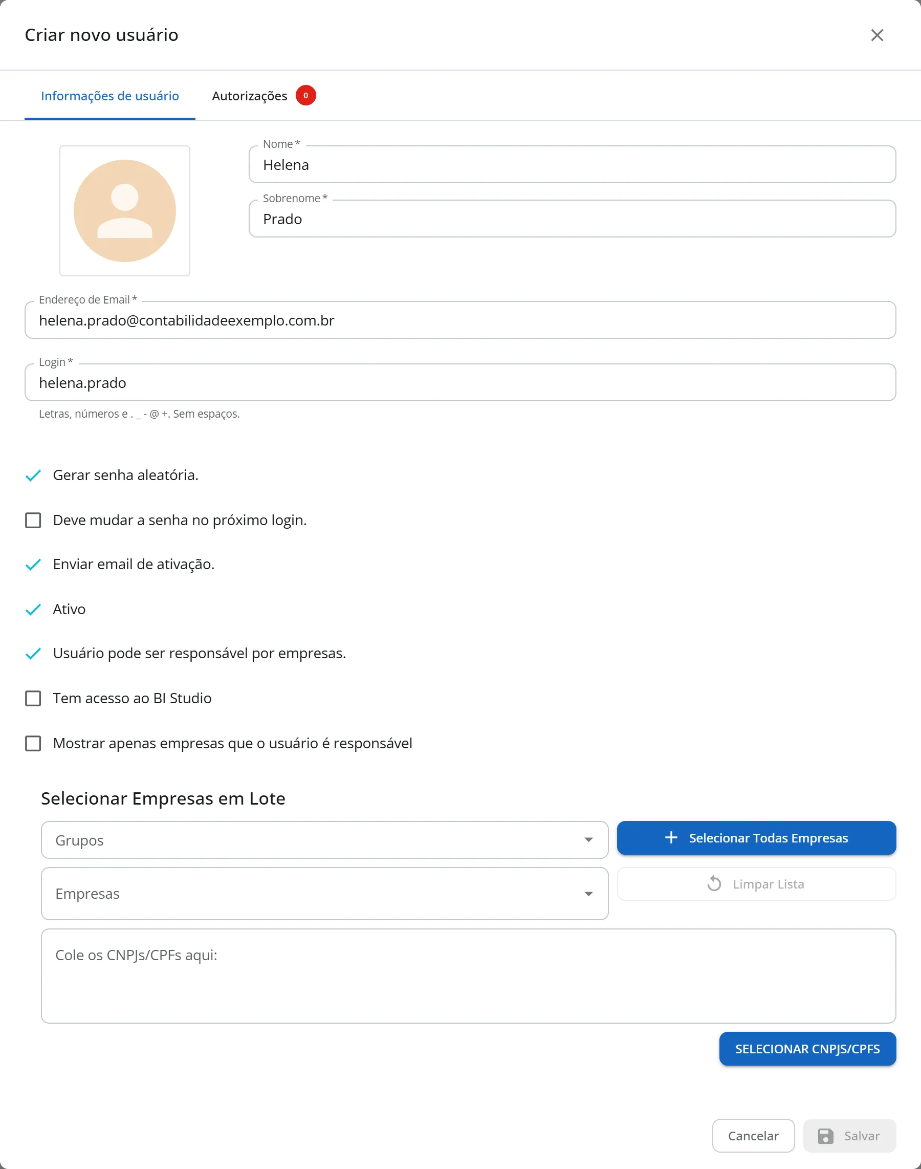 Janela Criar novo usuário na aba Informações de usuário com nome, sobrenome, e-mail, login, senha aleatória, Ativo, Enviar email de ativação e Usuário pode ser responsável por empresas marcados