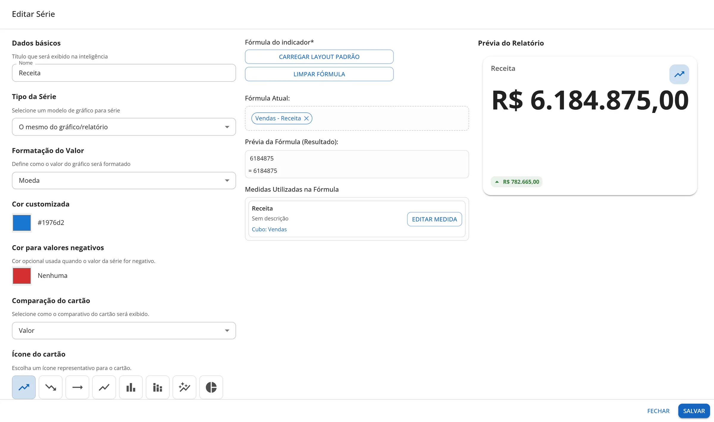 Janela Editar Série do cartão Receita com Formatação do Valor em Moeda, Comparação do cartão em Valor, a biblioteca de ícones e a prévia do cartão