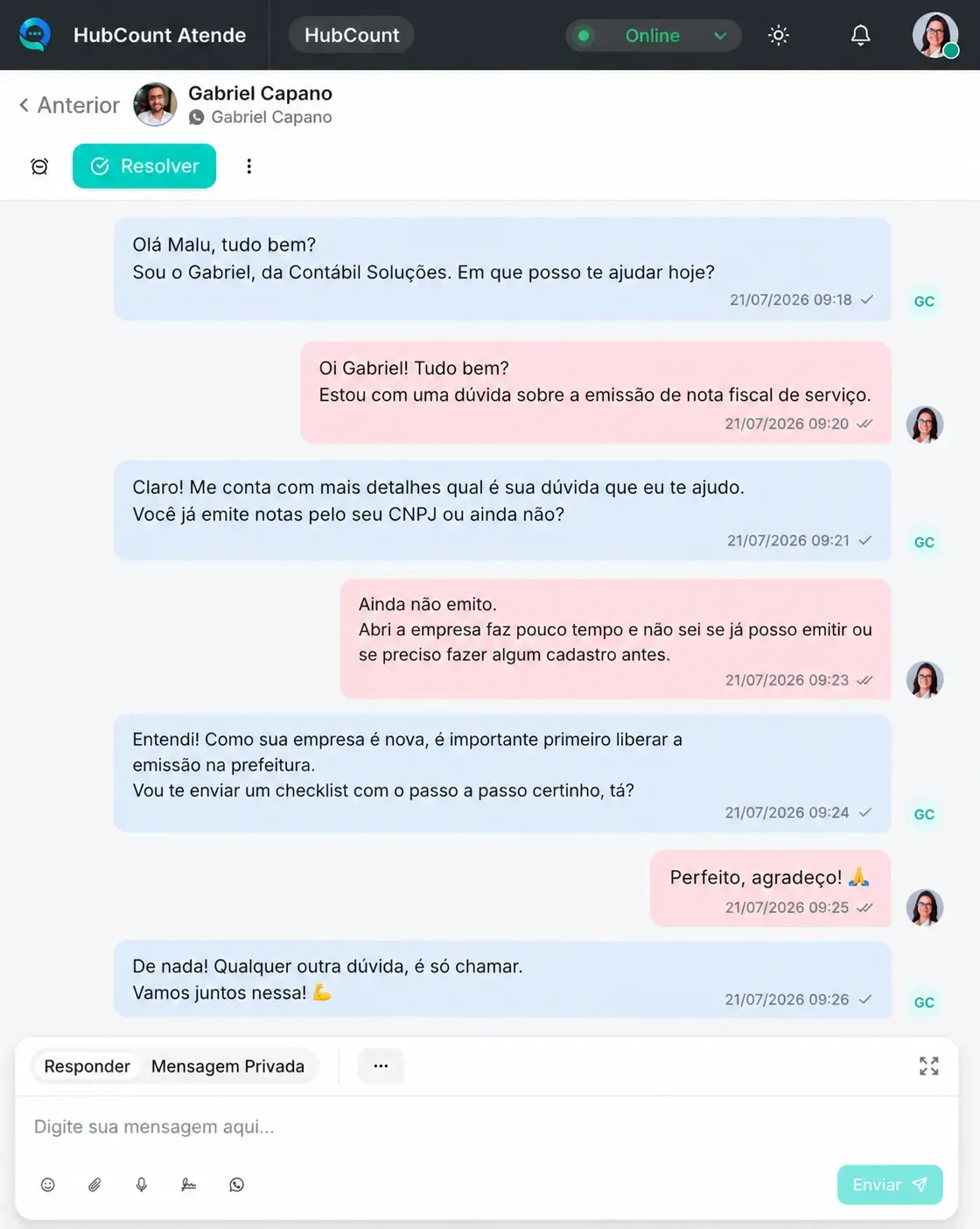 Tela do HubCount Atende: Chega de mensagem perdida, e-mail esquecido e cliente sem resposta