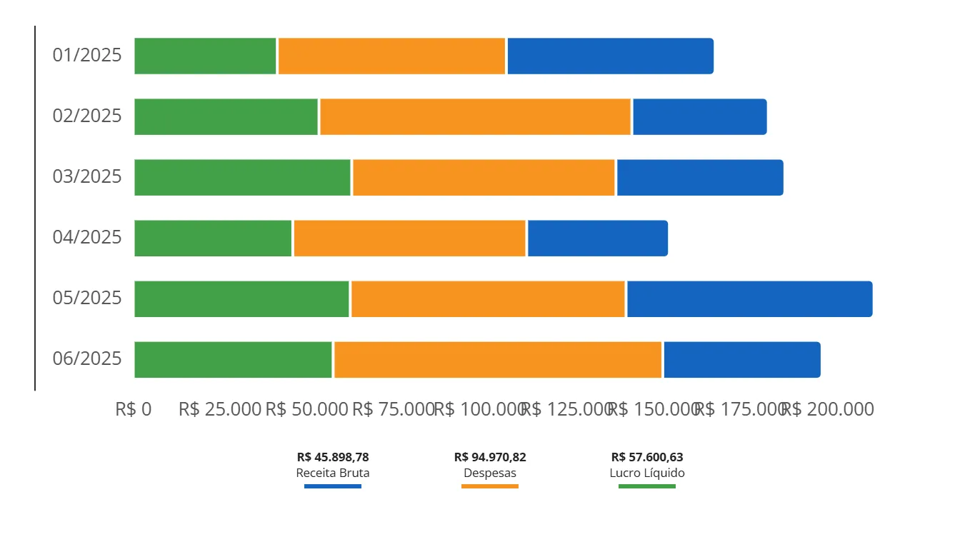 Gráfico de barras horizontais empilhadas com Receita Bruta, Despesas e Lucro Líquido de janeiro a junho de 2025