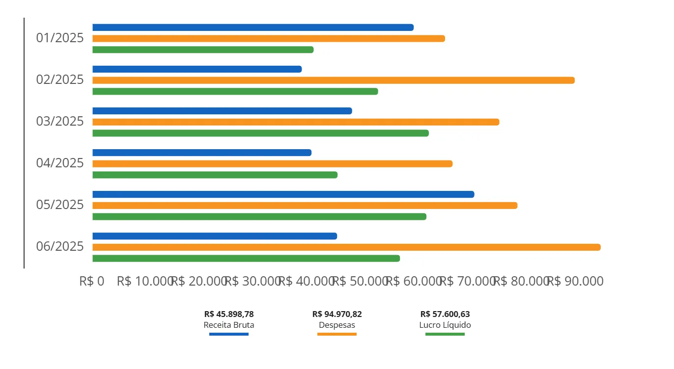 Gráfico de barras horizontais com Receita Bruta, Despesas e Lucro Líquido de janeiro a junho de 2025