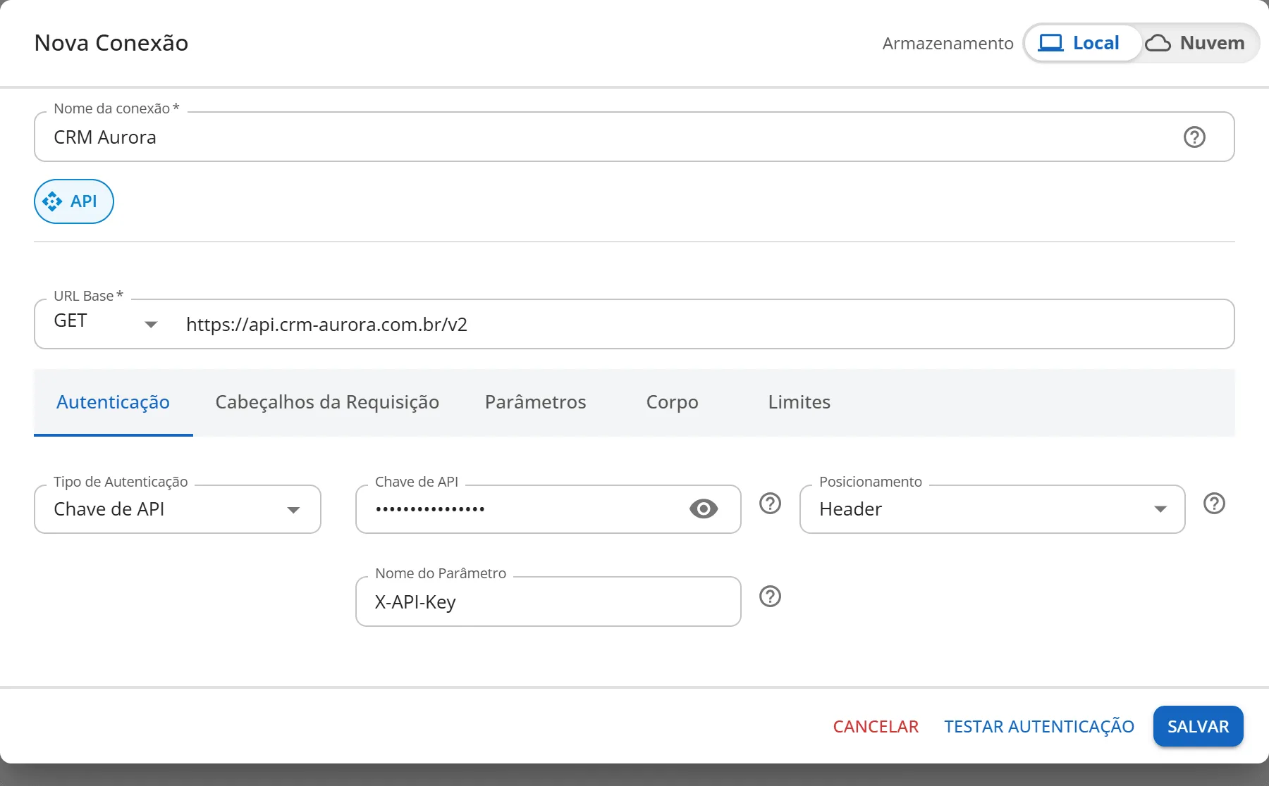 Autenticação Chave de API com a chave mascarada, Posicionamento Header e Nome do Parâmetro X-API-Key