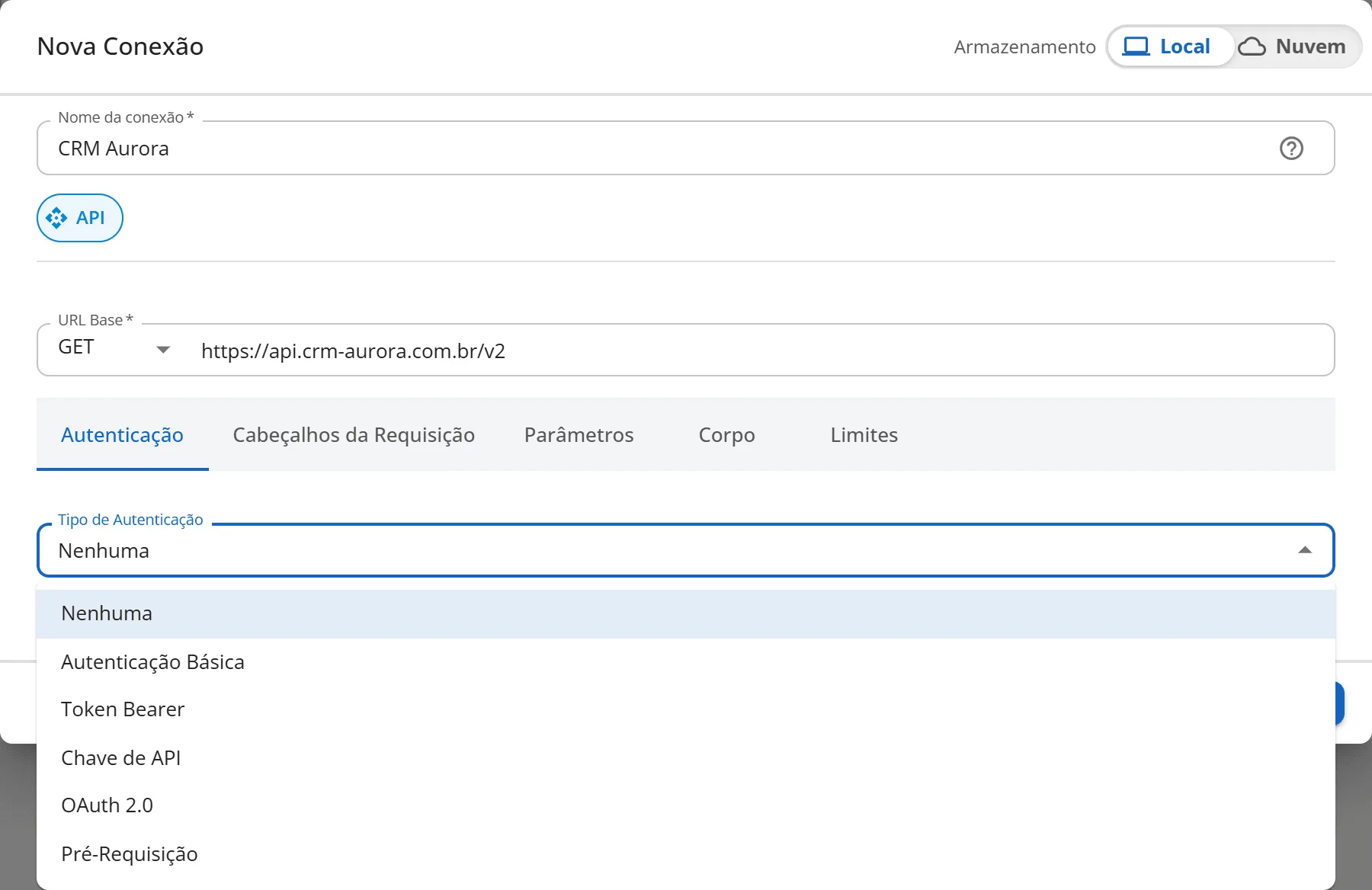 Lista Tipo de Autenticação aberta com Nenhuma, Autenticação Básica, Token Bearer, Chave de API, OAuth 2.0 e Pré-Requisição