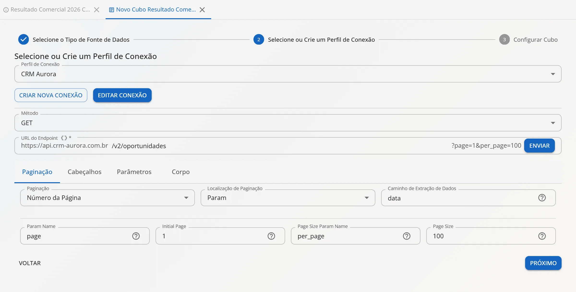 Assistente de cubo com o perfil CRM Aurora, método GET, endpoint /v2/oportunidades, paginação Número da Página com page, 1, per_page e 100, e o caminho de extração data