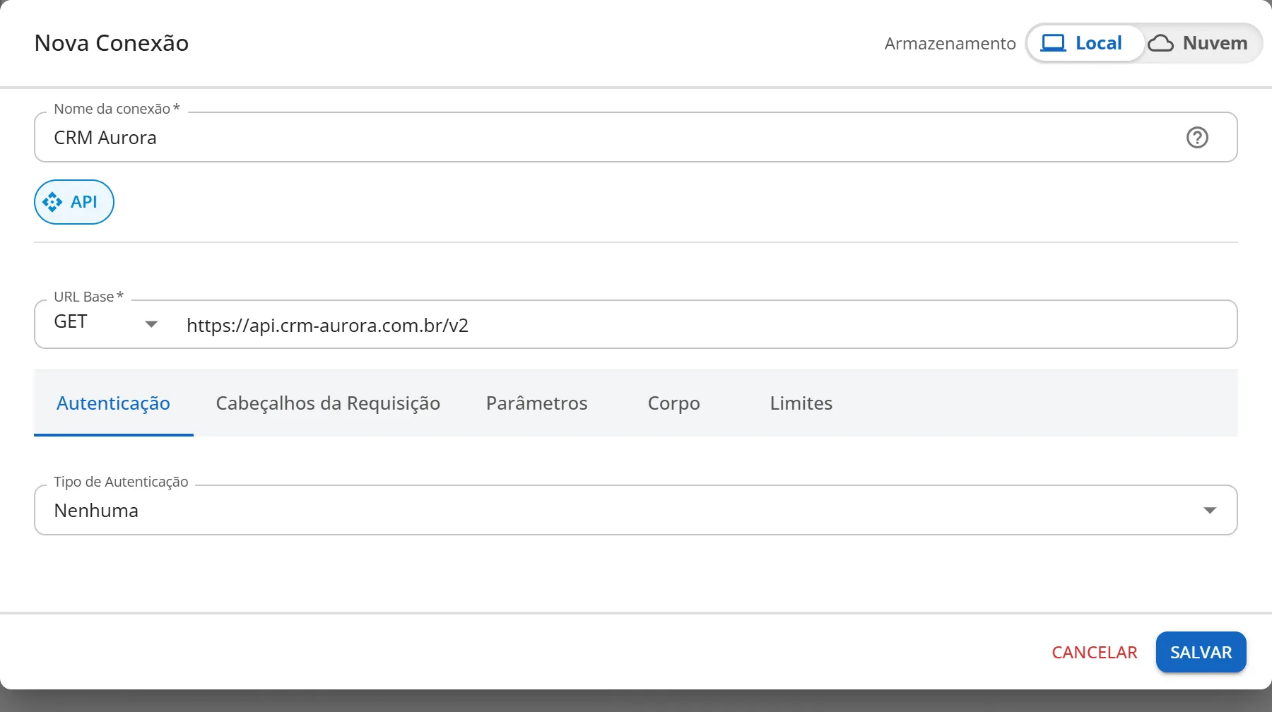 Janela Nova Conexão do tipo API com o nome CRM Aurora, a URL base e as abas Autenticação, Cabeçalhos da Requisição, Parâmetros, Corpo e Limites