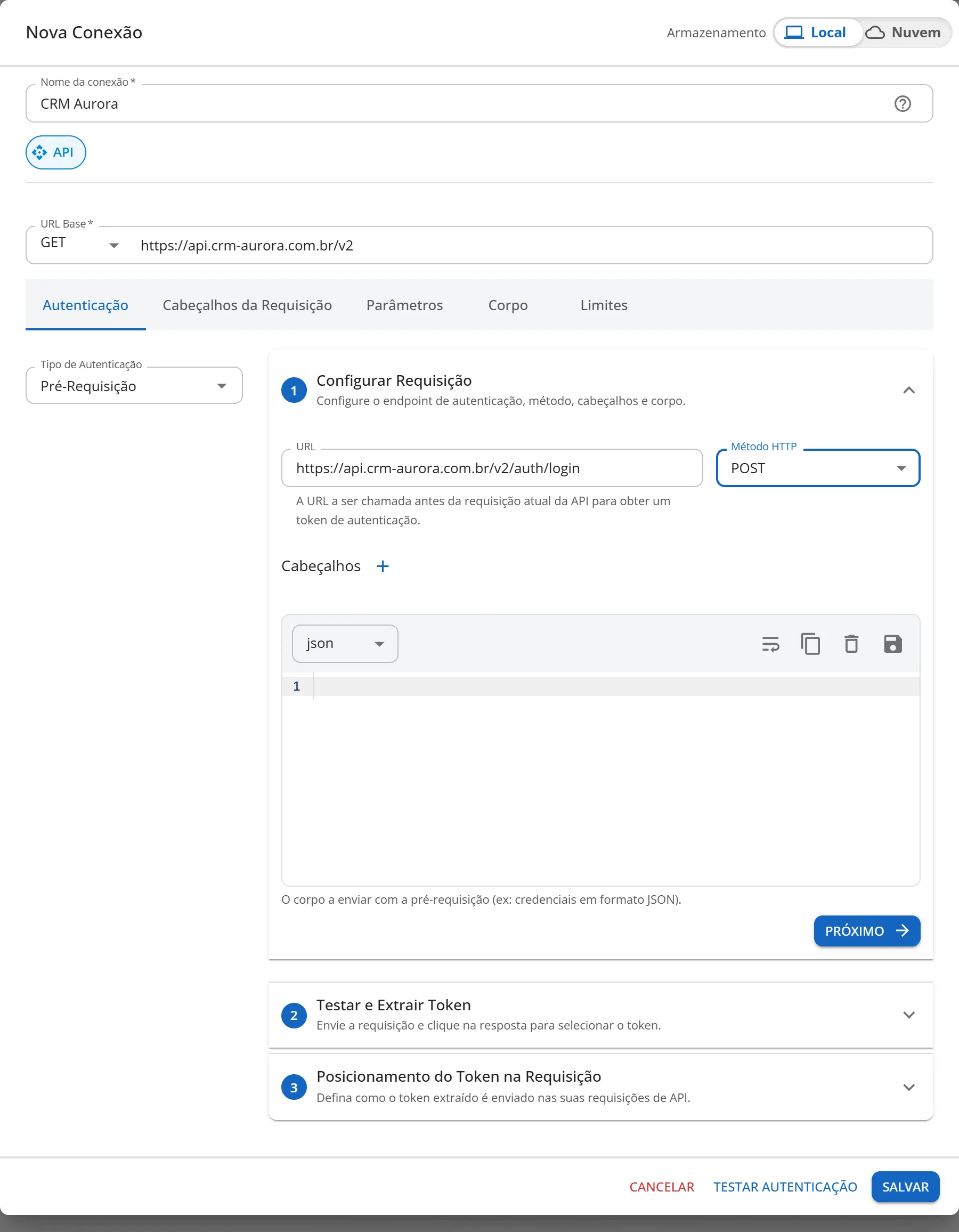Autenticação Pré-Requisição com a seção Configurar Requisição aberta, a URL de login, o método POST, os cabeçalhos e o corpo em JSON, e as seções Testar e Extrair Token e Posicionamento do Token na Requisição