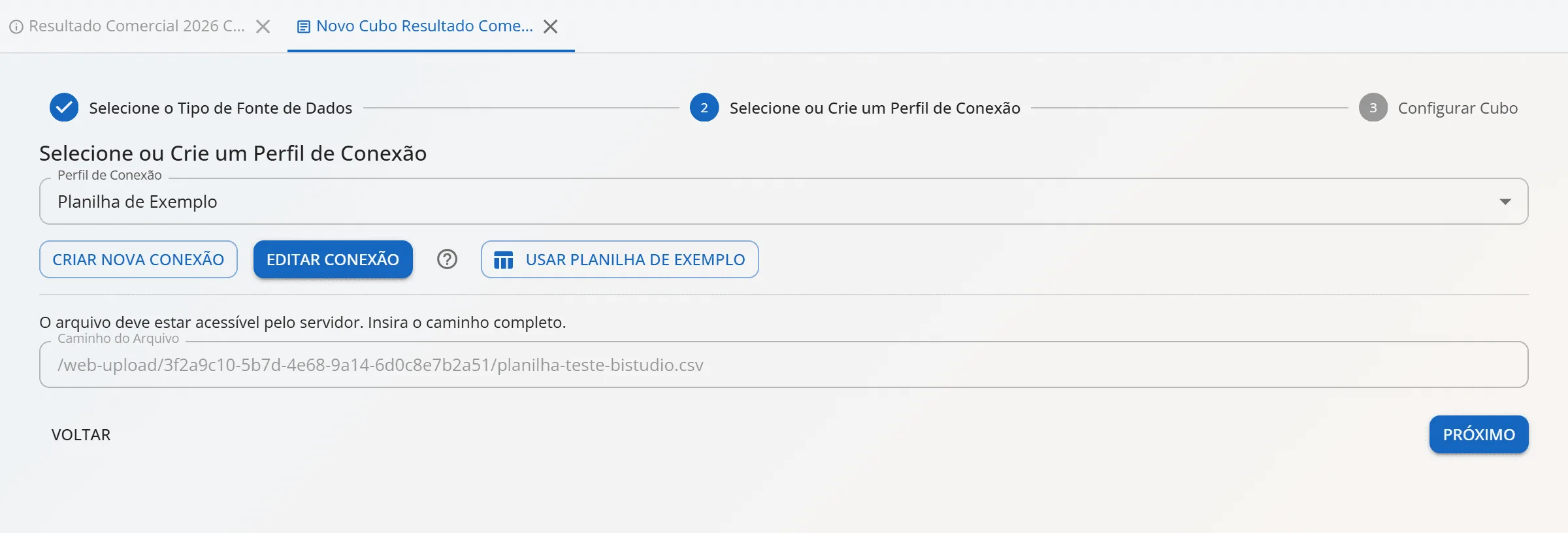 Assistente de cubo com o perfil Planilha de Exemplo escolhido, o botão Usar Planilha de Exemplo e o caminho do arquivo de demonstração