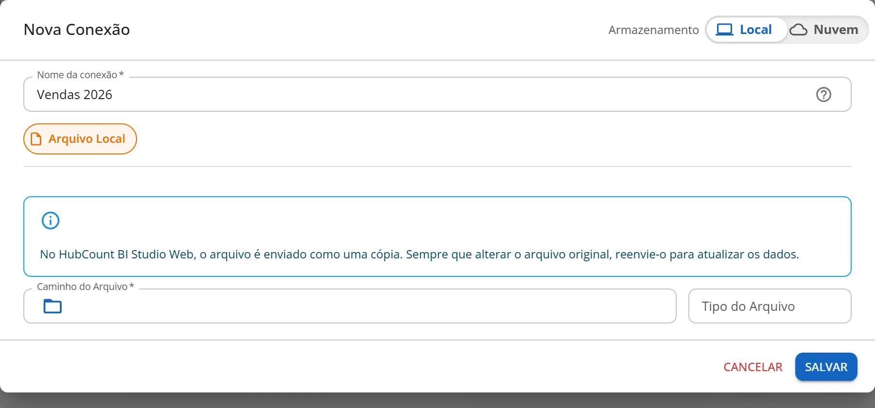Janela Nova Conexão do tipo CSV/Excel com o nome Vendas 2026, o seletor de Armazenamento no topo e os campos Caminho do Arquivo e Tipo do Arquivo