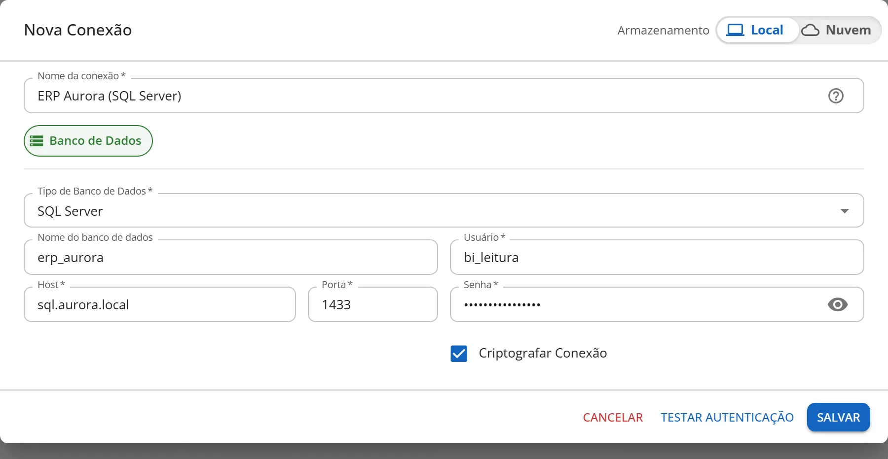 Janela Nova Conexão com o tipo SQL Server, banco erp_aurora, host sql.aurora.local, porta 1433, usuário bi_leitura e Criptografar Conexão marcado