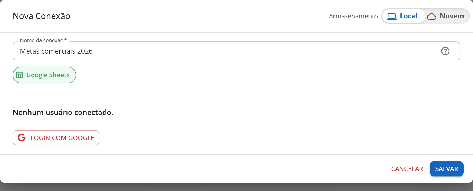 Janela Nova Conexão do tipo Google Sheets com o nome Metas comerciais 2026, o aviso Nenhum usuário conectado e o botão Login com Google