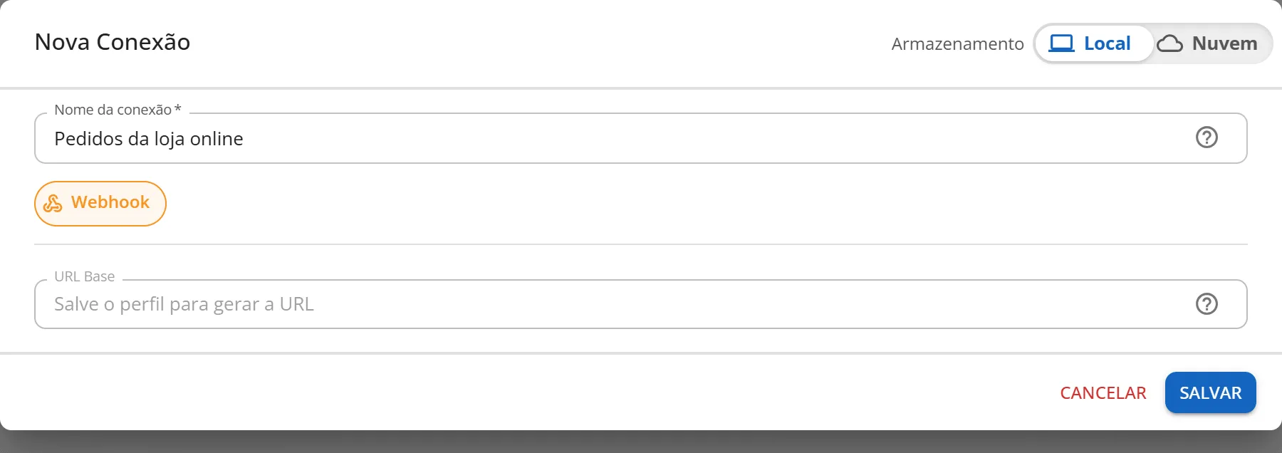 Janela Nova Conexão do tipo Webhook com o nome Pedidos da loja online