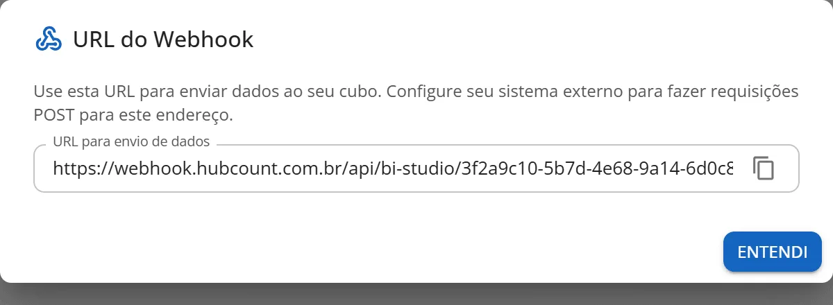 Janela URL do Webhook com a explicação, o campo URL para envio de dados e o botão Entendi