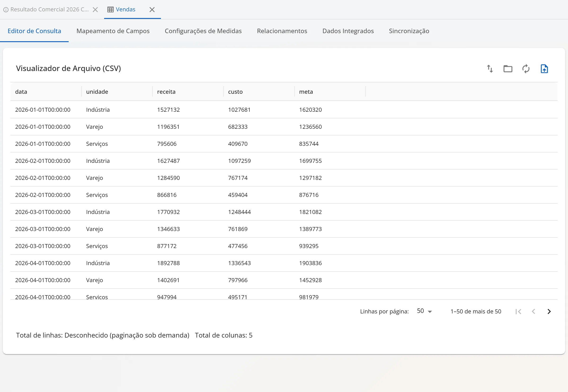 Cubo Vendas aberto no Visualizador de Arquivo (CSV) com as colunas data, unidade, receita, custo e meta e os botões da barra no canto direito
