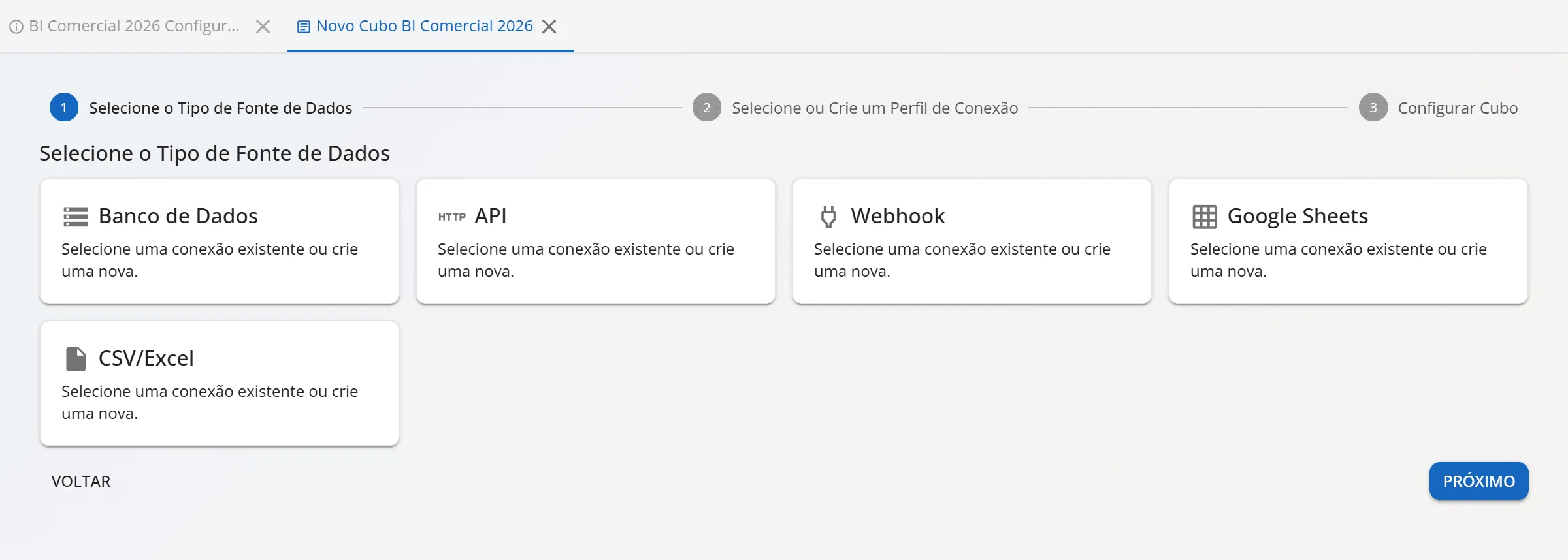 Primeiro passo do novo cubo no HubCount BI Studio: escolha entre Banco de Dados, API, Webhook, Google Sheets e CSV/Excel
