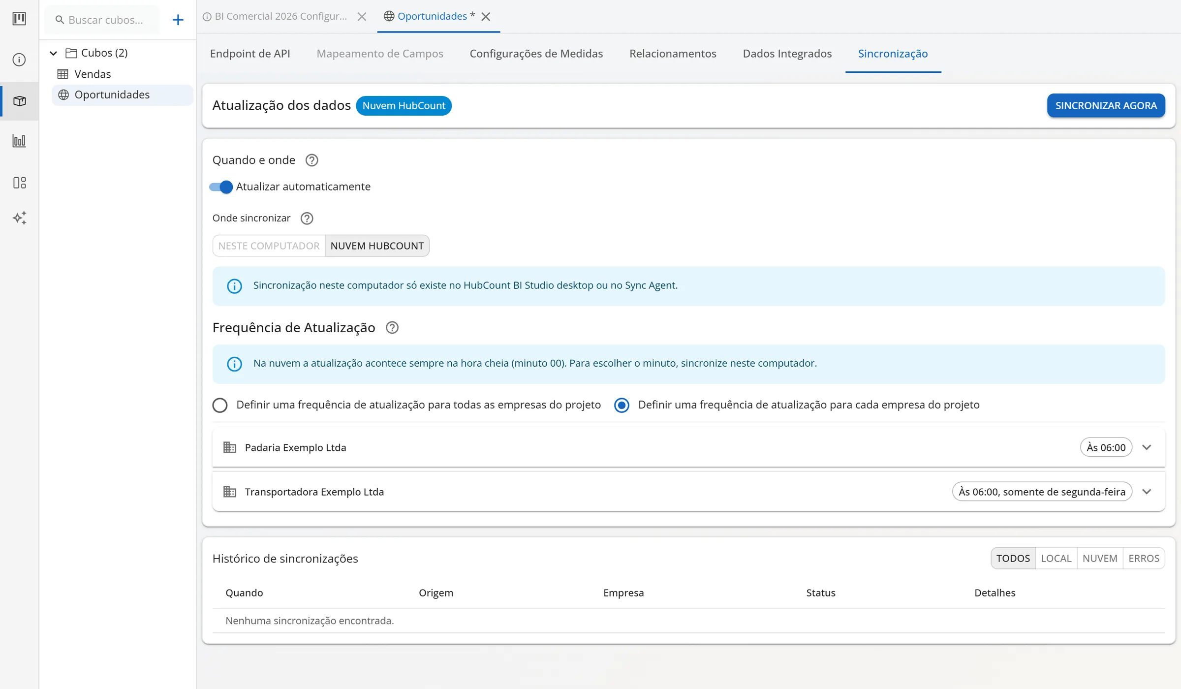 Aba Sincronização do cubo Oportunidades no navegador: atualização automática ligada, Nuvem HubCount escolhida, Neste computador desativado e a frequência definida para cada empresa do projeto