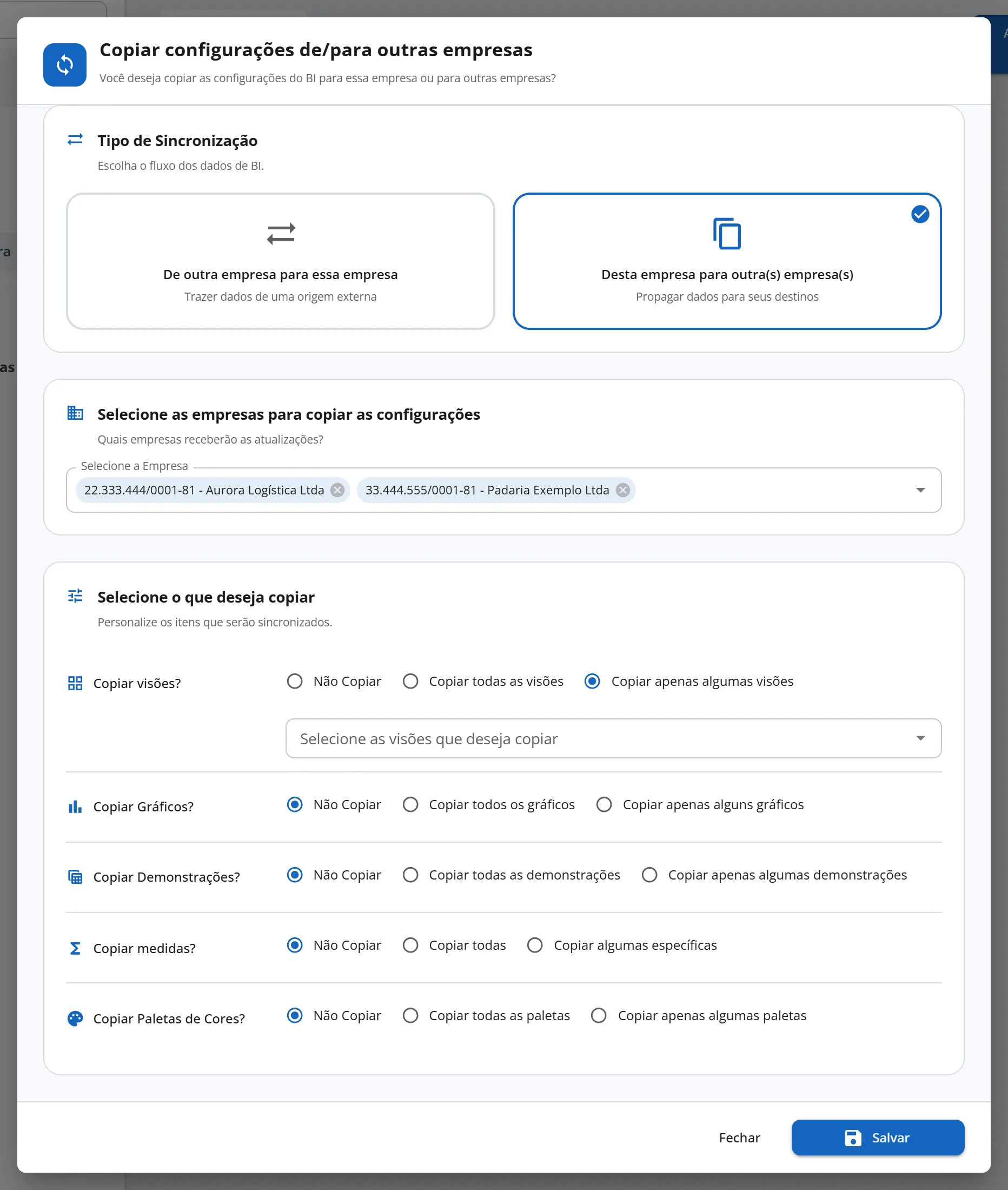 Janela Copiar configurações de/para outras empresas com o fluxo Desta empresa para outra(s) empresa(s), duas empresas de destino e a visão Acompanhamento da Aurora marcada em Copiar apenas algumas visões