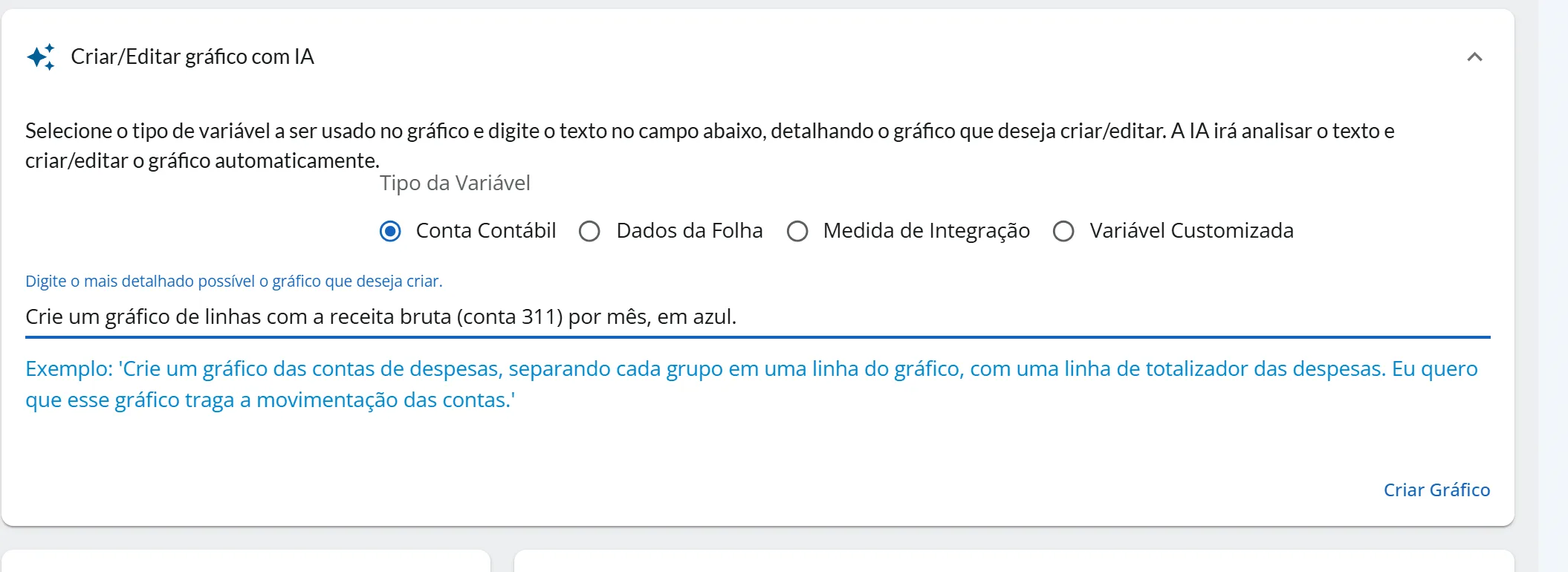 Bloco Criar/Editar gráfico com IA aberto, com o tipo Conta Contábil marcado e o texto de exemplo digitado