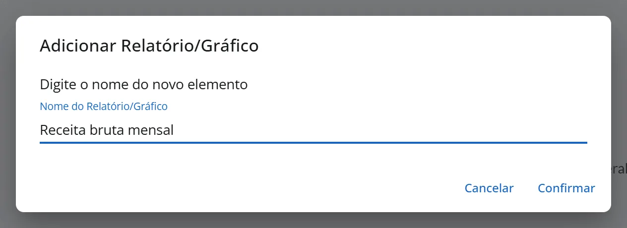 Janela Adicionar Relatório/Gráfico com o nome Receita bruta mensal digitado, sobre a Customização do B.I da Aurora Comércio Ltda