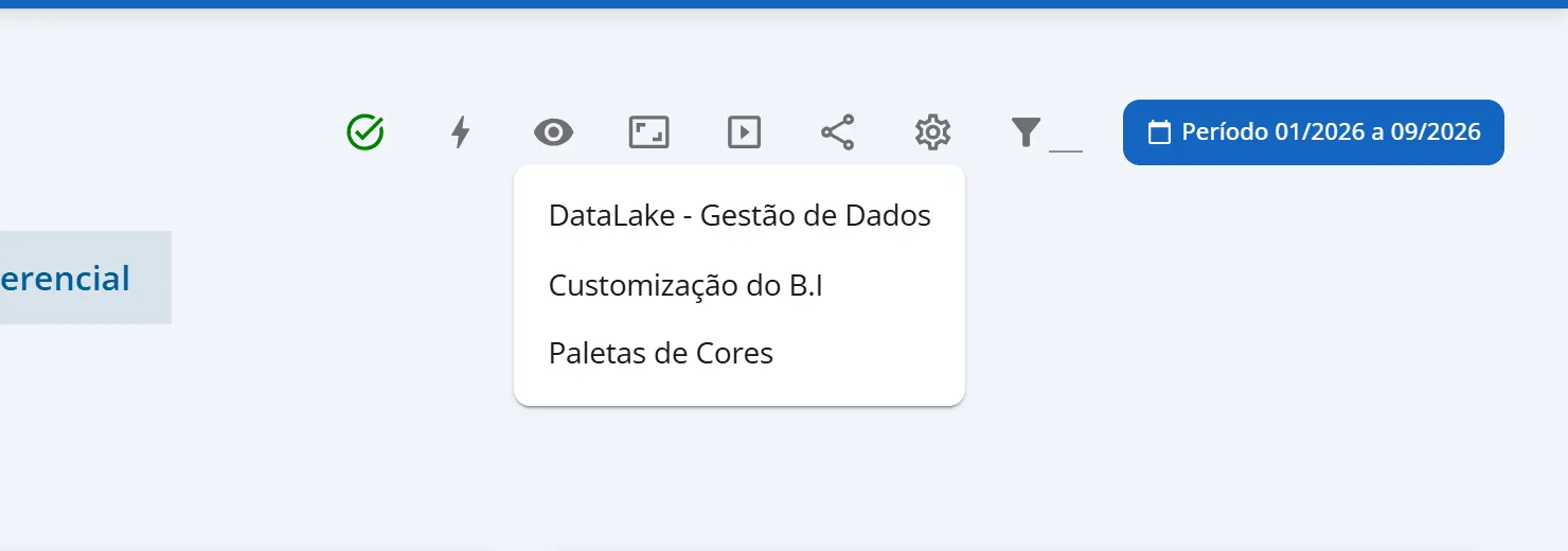 Dashboard da Aurora Comércio Ltda com o menu da engrenagem aberto, mostrando Customização do B.I e Paletas de Cores
