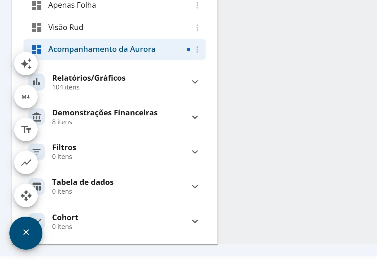 Editor da visão Acompanhamento da Aurora com o botão flutuante aberto mostrando as quatro opções