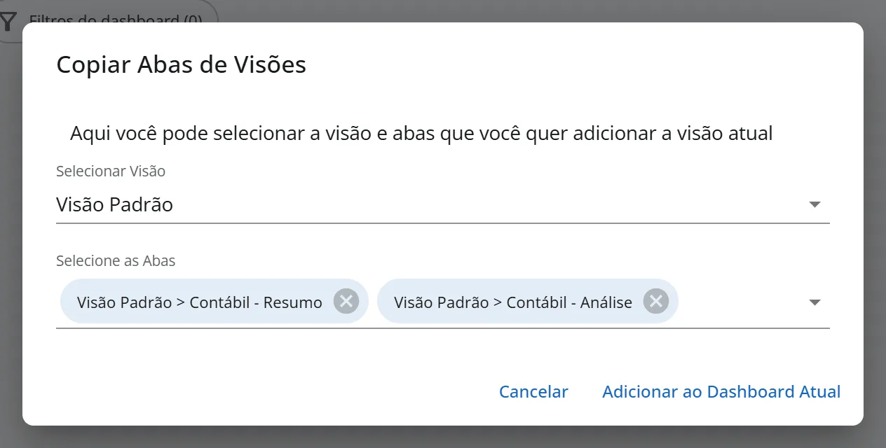 Janela Copiar Abas de Visões com a Visão Padrão escolhida e duas sub-abas marcadas